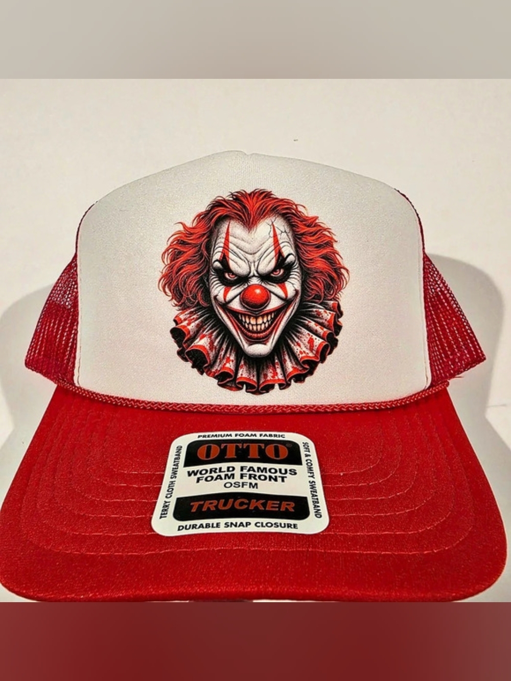 Halloween Clown .. OTTO Cap 5-Panel High Crown Foam Trucker Hat Red & White